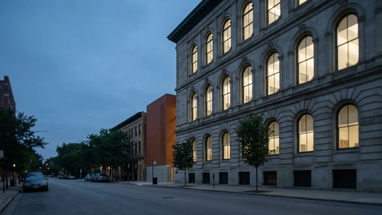 The limestone facade and tall windows of a Chicago civic courthouse building at blue hour