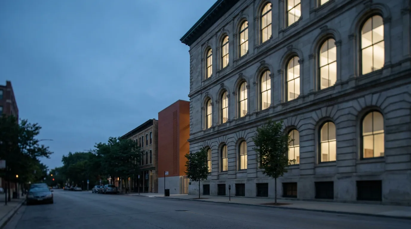 Illustration: the limestone facade of a Chicago civic courthouse building at blue hour