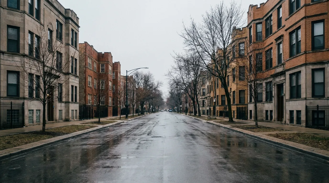 Illustration: Chicago greystone and brick two-flats along a wet residential street on an overcast winter morning